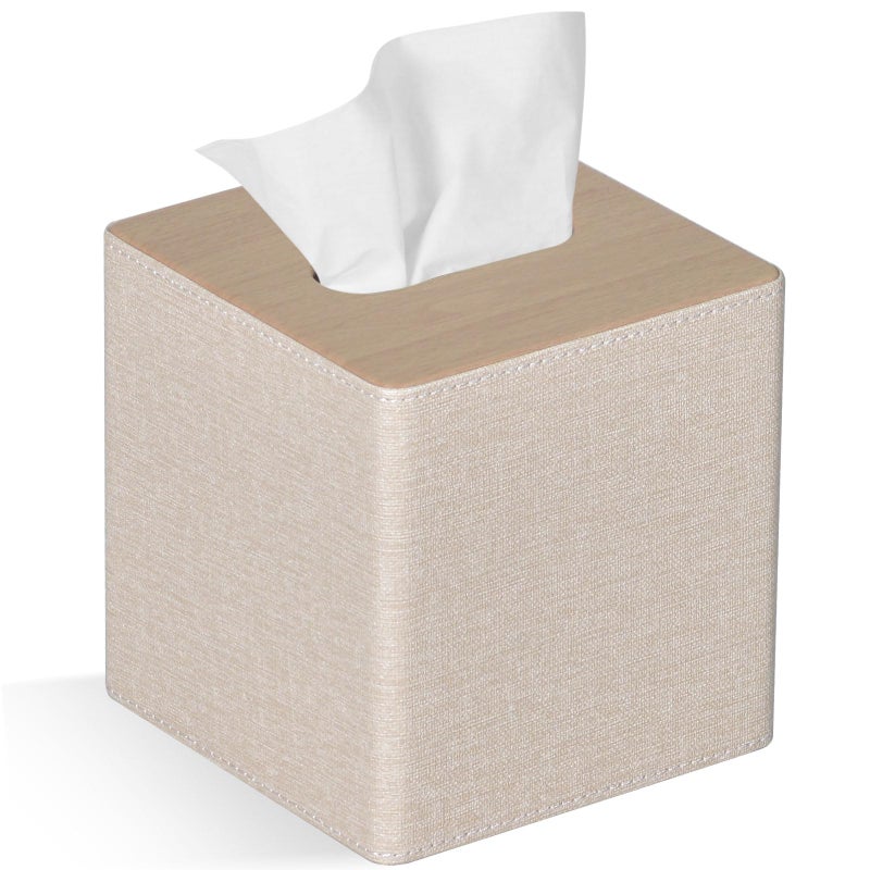 GOLRANLYE Tissue Box Cover Square PU Leather Facial Tissue Box Holder for Dresser Bathroom Decor (Beige) - Image 1